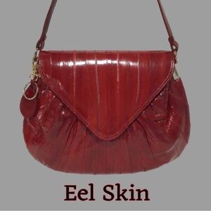 Vintage Eel Skin Shoulder Bag, Envelope Shaped Front Flap, Keychain, Burgundy
